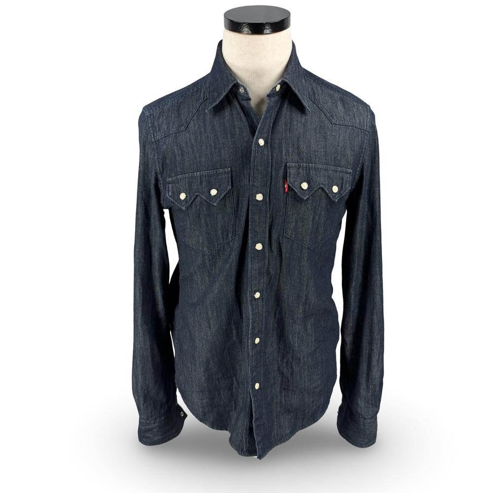 Levis Mens Modern Fit Dark Wash Denim Western Pearl Snap Shirt Small Long Sleeve